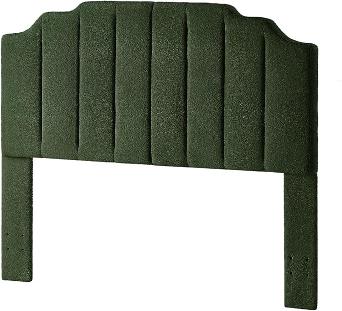 24KF Dark Green Teddy Fabric Tufted for Queen Upholstered Headboard, Modern Vertical Channel Design Full Headboard with Stepped Silhouette Top Edge, 6026-Q-Teddy Dark Green-Ruum Studio Home