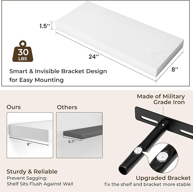 RICHFOCUS 24Inch Floating Shelves for Wall 2 Pack Shelves for Bedroom|Kitchen|Bathroom Wall Mounted Rustic Wood Floating Shelf with Invisible Brackets for Books|Storage|Decor, White-Ruum Studio Home