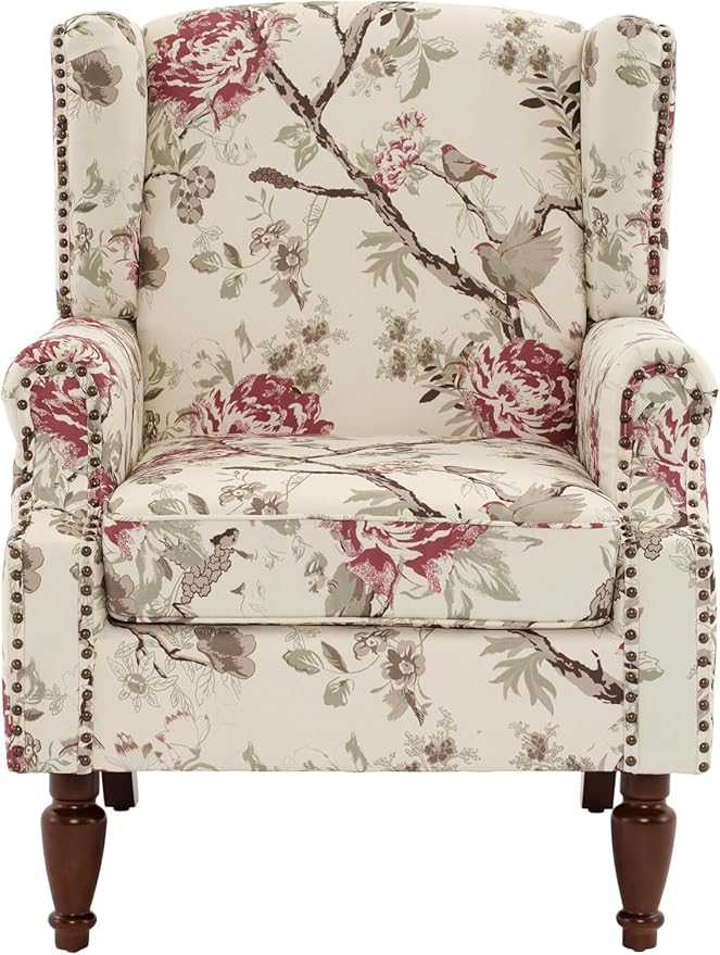UIXE High Back Accent Chair, Fabric Upholstered Armchair for Living Room, Retro Wingback Arm Chair with Solid Wood Legs, Nailhead Trim Single Sofa Bedroom Reading Seat - Beige Floral-Ruum Studio Home