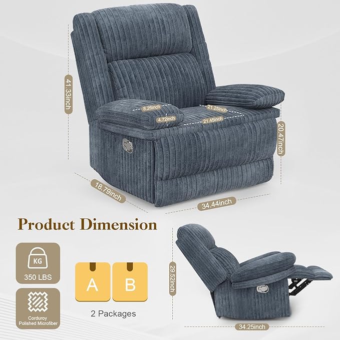 Recliner Chair for Adults, Oversized Manual Pull Tab Reclining Chair, 2-Tier Cushions, Minimalist Style Single Sofa for Living Room, RV (Corduroy)-Ruum Studio Home