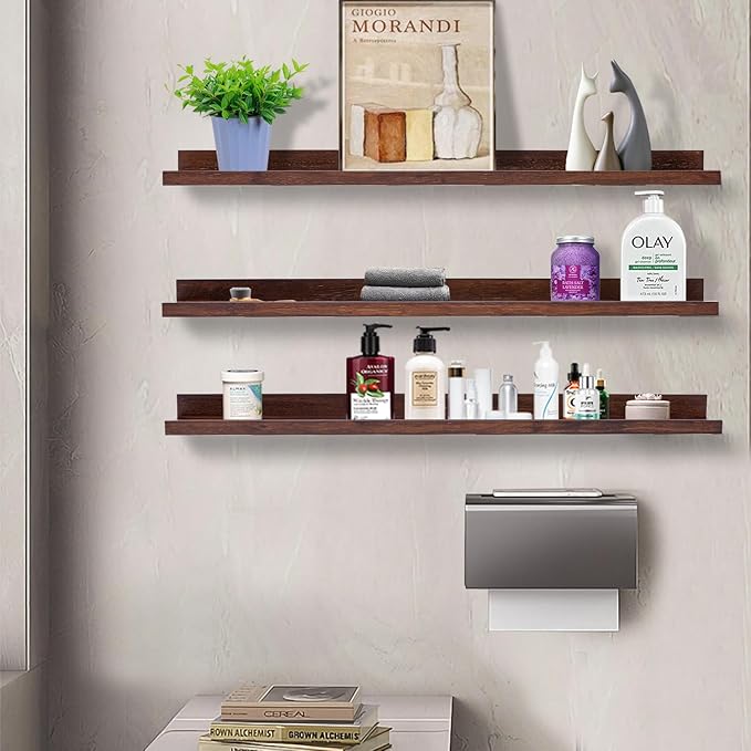 AZSKY Floating Shelves Deep Walnut for Wall Long Picture Ledge Shelf 48 Inch Beige Photo Ledge Shelves with Lip Wall Bookshelf for Kids Bedroom Living Room Bathroom Kitchen Wooden Spice Rack Set of 3-Ruum Studio Home