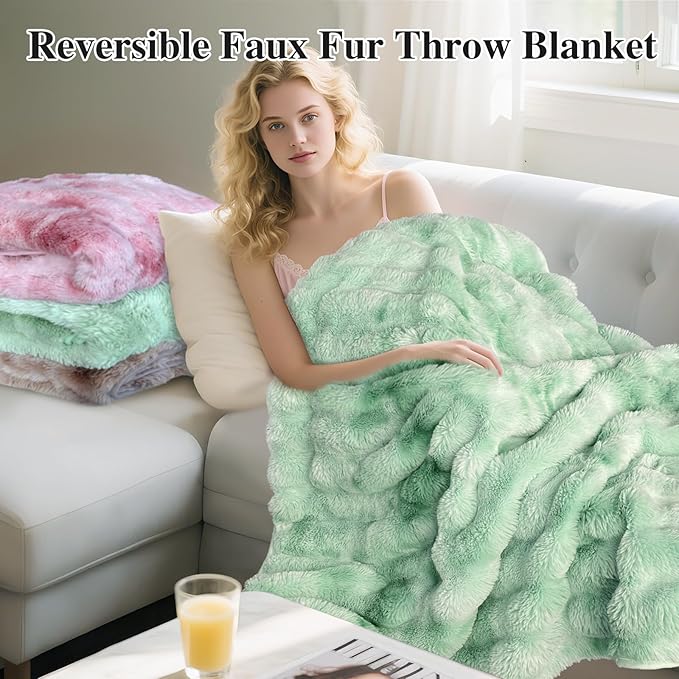 Bcareself Faux Fur Blanket Two Sided Ultra Soft Fluffy Reversible Fuzzy Throw Blanket for Women Men Double Sided Ombre Faux Luxe Faux Fur Thick Minky Blanket for Couch Bed-Ruum Studio Home
