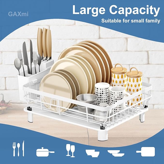 GAXmi Dish Drying Rack Over The Sink Dish Drainer with Drainboard Utensil Holder, 1-Tier White-Ruum Studio Home