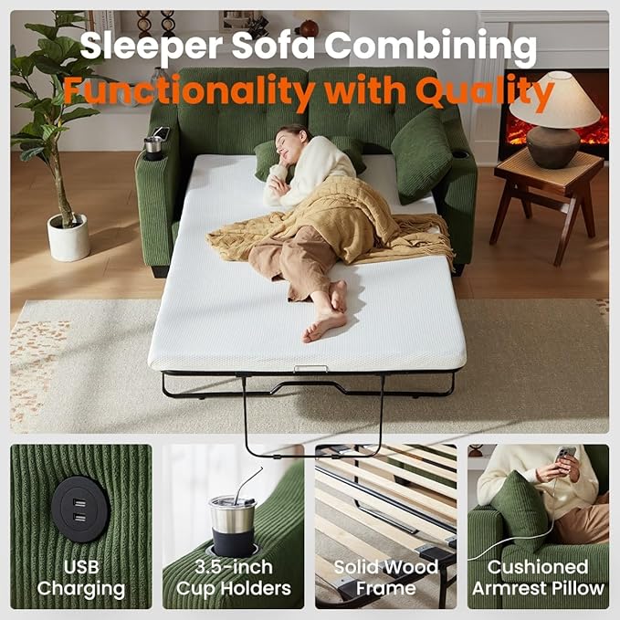 Pull Out Sofa Bed, Full Size Sleeper Sofa, 2-in-1 Convertible Corduroy Couch with USB Charging, Memory Form Couch for Living Room, Apartment and Small Space (Green, Corduroy - Full Size)-Ruum Studio Home