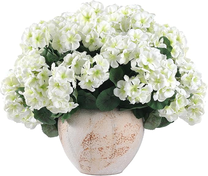 Hananona 12 Pcs Artificial Geranium Flowers for Outdoors Geranium Silk White Flower Outdoor UV Resistant Garden Plants Faux Flowers for Home Kitchen WeddingTable Centerpieces Decor (12, White)-Ruum Studio Home