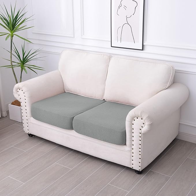hyha Waterproof Couch Cushion Covers for Pets, Non Slip Sofa Seat Cover for Dogs Washable, Soft Thick Stretch Jacquard Fabric, Sofa Slipcovers with Elastic Bottom (2 Pieces, Light Grey)-Ruum Studio Home
