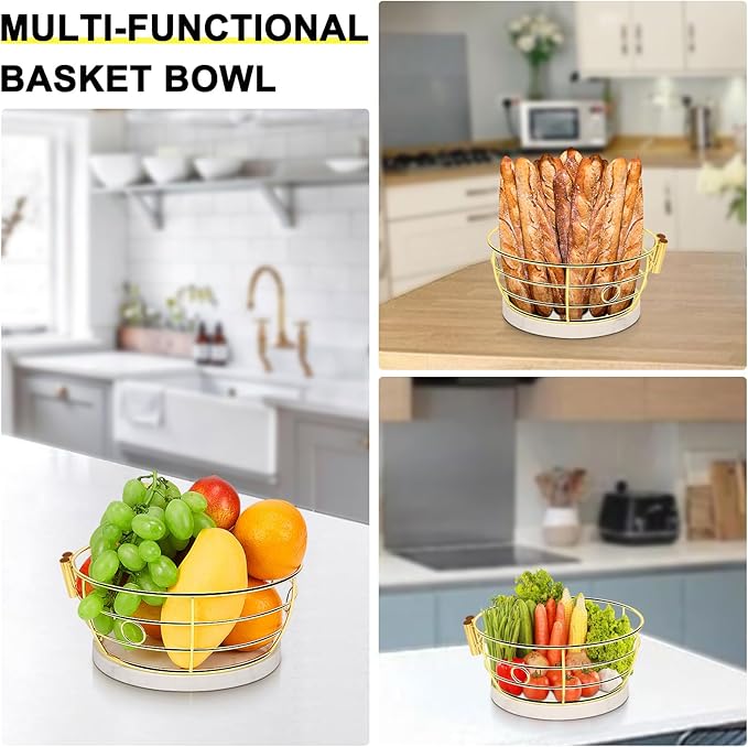 Livabber Countertop Fruit Basket Bowl with Banana Hanger, Modern Standing Fruit Vegetable Bowl Storage, with Banana Tree Holder for Kitchen Dinning Table (Round Marble, Gold)-Ruum Studio Home