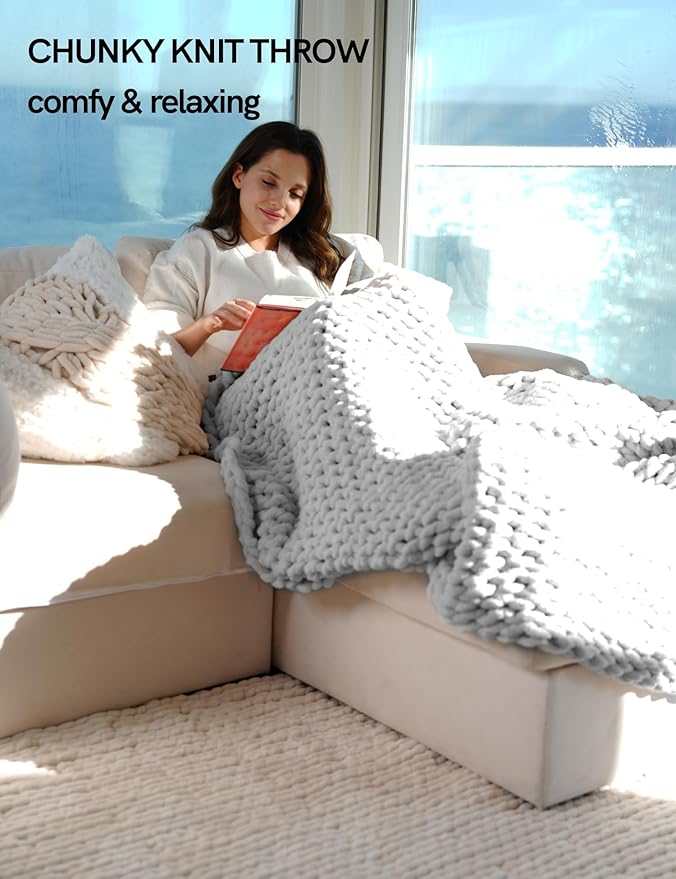 YnM Chunky Throw Blanket, Hand Knitted with Chenille Yarn, Skin Friendly, Ventilated and Breathable, Machine Washable, Home Décor Piece for Couch, Sofa and Bed (Glacier Grey, 30x40 Inch)-Ruum Studio Home