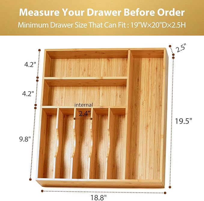 Umilife Large Kitchen Drawer Organizer, 19"x20" Silverware Utensils Organizer, 2.5" High for Large Deep Drawers, Bamboo Flatware Holder with Thick Frames, Sturdy Kitchen Organization Tray-Ruum Studio Home