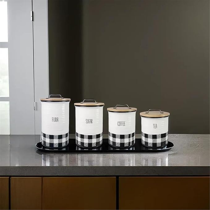 Young's Inc. 4 Pcs Set Plaid with Bamboo Lids Ceramic Canisters- Storage Container for Kitchen and Bathroom - Beautiful Home Decor Accent to Store Food, Coffee, Tea, and More - Black, White-Ruum Studio Home