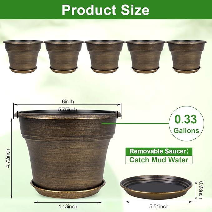 Plant Planters Pots Set of 6 Pack 6 Inch, Plastic Flower Pot for Indoor Plants with Drainage Holes & Trays, Resin Decorative Container Sets with Saucer for House Outdoor Garden Planters Dark Gold-Ruum Studio Home