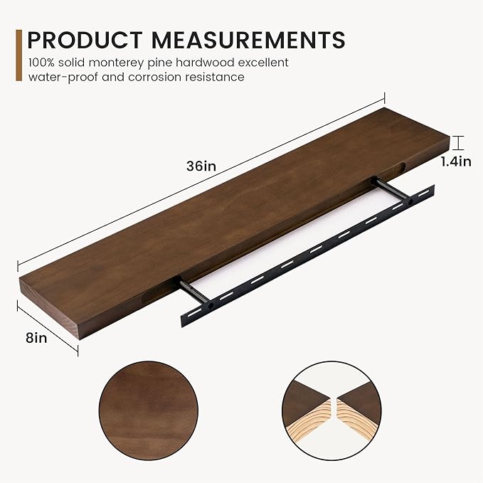 Floating Shelves 36 Inches Long - 8 Inch Deep Rustic Solid Pine Wood for Storage - Farmhouse Wall Mounted for Living Room - Heavy-Duty Metal Bracket - 36" W x 8" D - Set of 2 - American Walnut Color-Ruum Studio Home