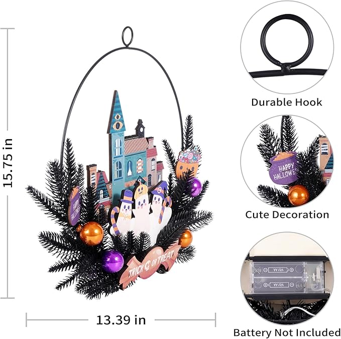 Lighted Halloween Wreaths for Front Door, Welcome Metal Wooden Door Wreath Decor Hanging Sign, 30 LED Lighted Wall Decor Battery Operated for Halloween Indoor Outdoor (Ghost)-Ruum Studio Home