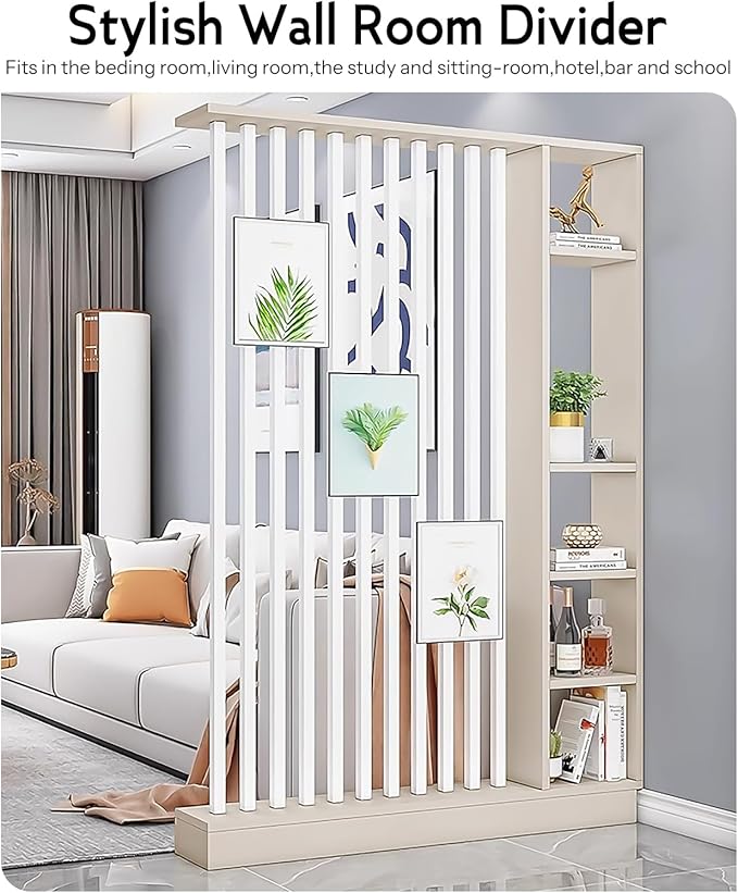 Wall Room Divider, Storage Cabinet Storage Display with Shelves, Modern Freestanding Wood Room Divider Screen, Wall Privacy Screens for Home Decorative (Beige+White,55" L x 9.5" W x 79.5" H)-Ruum Studio Home