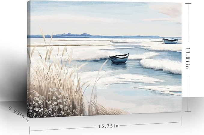 amatop Coastal Wall Art - Nautical Ocean Canvas Print with Light Blue & White Seascape, Boat, Reeds - Beach Picture for Modern Farmhouse, Lake House, Bedroom, Bathroom, Beach-Themed Artwork，16x12-Ruum Studio Home