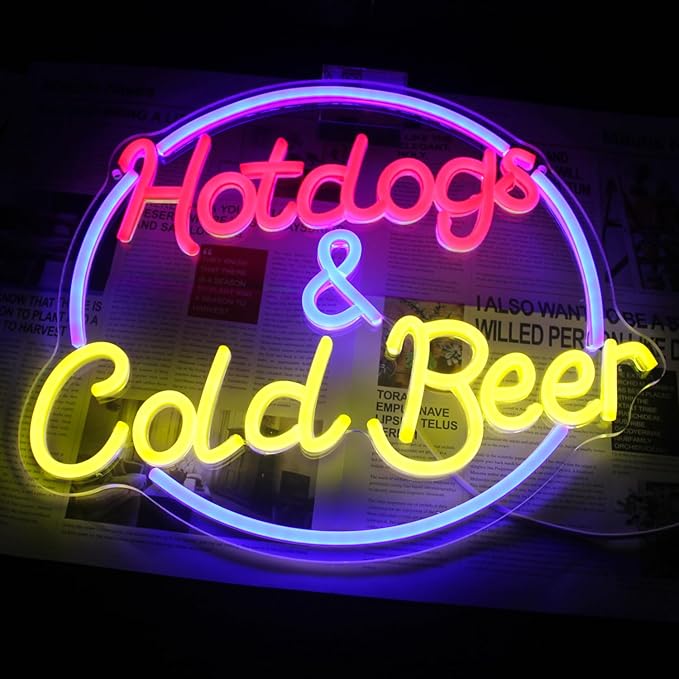 Hot Dogs and Cold Beer Neon Sign for Wall Decor Dimmable Bar Neon Light Sign Colorful LED Neon Signs Beer Neon Light Wall Art LED Sign for Bar Restaurant Shop Food Court Party Decor-Ruum Studio Home