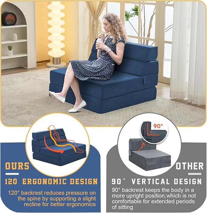 jela Foldable Sofa Bed Soft Foam Convertible Sleeper Chair Luxury Miss Fabric Fold Out Chair Bed Floor Couch with Back Support Floor Sofa for Living Room Bedroom (83"x33",Navy)-Ruum Studio Home