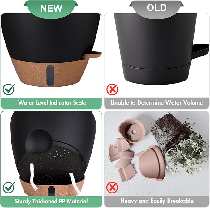 montresor 2 Pack 8 inch Plant Pots, PP Plastic Self Watering Plant Pot with Drainage and Tray for Indoor Outdoor Plants, Water Level Window & Reservoir Flower Pots Decorative Planter (Black)-Ruum Studio Home