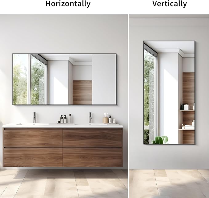 Black Bathroom Mirror for Wall, 60x30 Inch Rectangle Mirrors with Metal Frame, Modern Vanity Wall Mirror Decor for Bathroom Living Room, Entryway Hangs Horizontal or Vertical-Ruum Studio Home