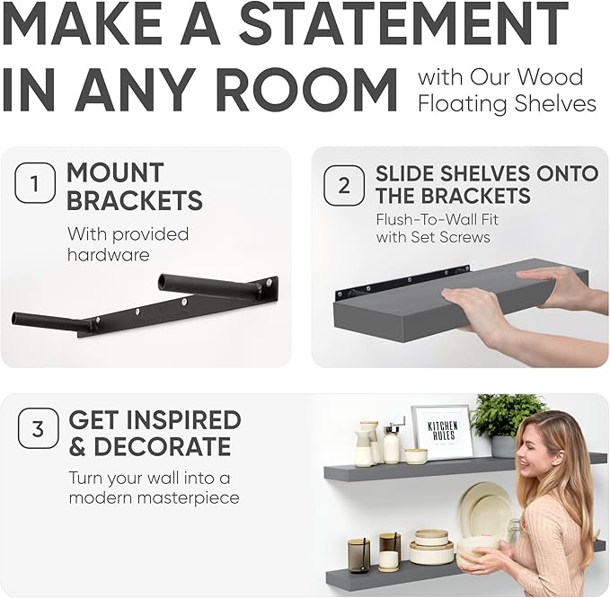 Homeforia Gray Floating Shelf 48 inch, High End Solid Real Wood 48inch Floating Shelves for Wall Mounted, Grey Wooden 48 inches Long Floating Shelves, Heavy Duty Bracket, 48 X 6.5 X 1.75 in, Set of 2-Ruum Studio Home