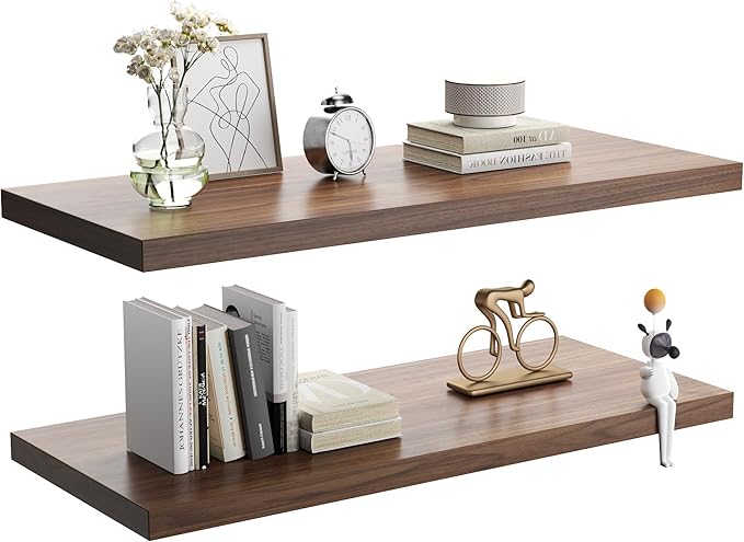 Wall Shelf Set of 2, Walnut Floating Shelves 24 in W x 10 in D x 1 in H, Wooden Floating Wall Shelf with Invisible Brackets for Living Room/Bedroom/Bathroom/Kitchen Storage and Decor-Ruum Studio Home