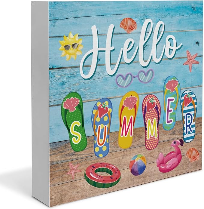 Summer Decor Hello Summer Decorations Flip Flop Wooden Sign Rustic Home Decor 5 x 5 Inches-Ruum Studio Home