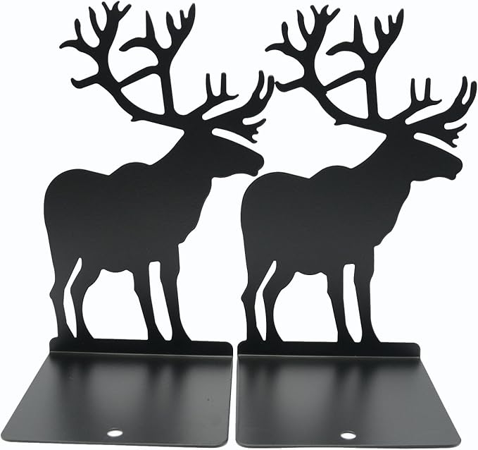 Winterworm Fashion Creative Cartoon Cute Iron Elk Moose Pattern Nonskid Metal Office Desk Bookends (Black)-Ruum Studio Home