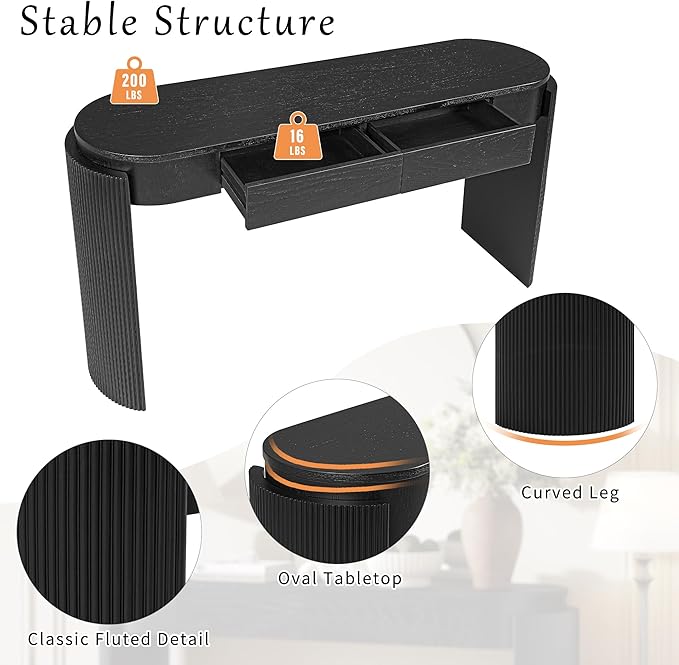 55" Sofa Table with Oval Top and 2 Drawers, Entryway Console Table with Fluted Design for Hallway,Foyer,Entry and Living Room (Fully Assembled-Black)-Ruum Studio Home