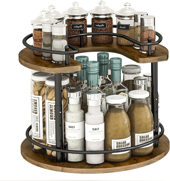 2 Tier Lazy Susan Organizer,2-Tier Spinning Spice Rack with Stable Carousel Base & 4 Height Settings for Cupboard Kitchen Countertop Dining Table Cupboard (Round)-Ruum Studio Home