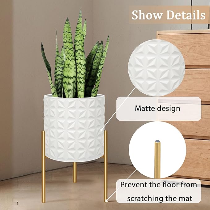 ARNIS Modern Planter Pots, Set of 2 Large Planters with Stand, Decorative Planters, Metal Pots with Drainage Holes for Living Room, Office, Garden or Balcony, 10.5 &12.25 Inch, Matte White-Ruum Studio Home