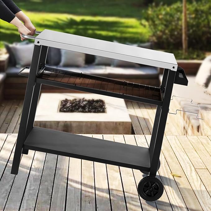 Grill Cart Table with Three Shelf, Movable Outdoor Dining Cart Pizza Oven Stand with Three Hooks, Kitchen Cart Island Multifunction Food Prep Table (Sliver)-Ruum Studio Home