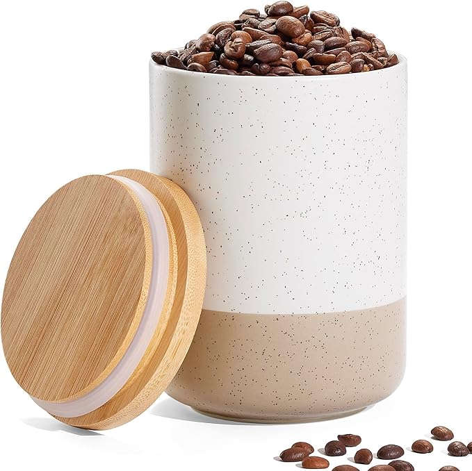 Yangbaga Canister Sets for Kitchen Counter, 40 OZ Large Ceramic Food Storage Jars with Airtight Wood Lids, Large Kitchen Canisters for Coffee, Sugar, Tea, Flour, Spice Visit the Store-Ruum Studio Home