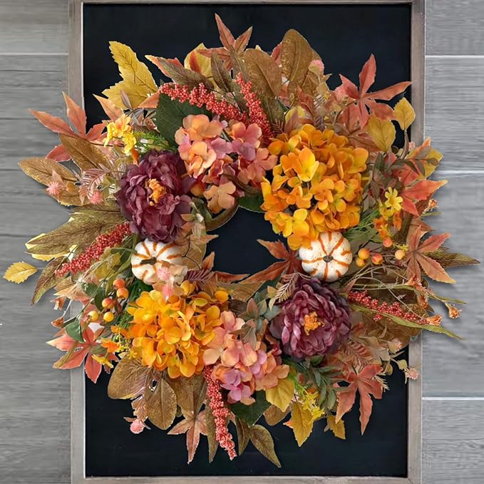 WANNA-CUL 24 Inch Fall Wreaths for Front Door with Hydrangea,Peony and White Pumpkins-Fall Decorations for Home, Fall Door Wreath Decor for Autumn,Harvest, Halloween or Thanksgiving-Ruum Studio Home