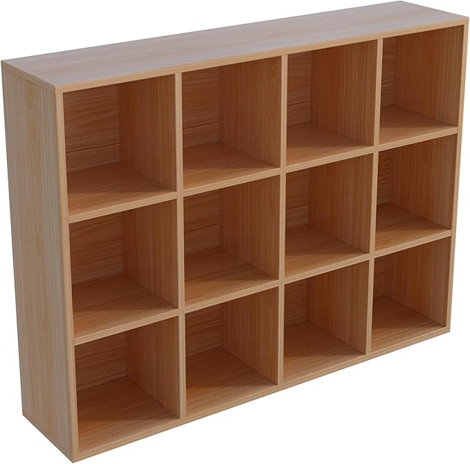 12-Cube Storage Shelf Bookcase - Wooden 3-Tier Floor Standing Open Bookshelf for Home and Office, Display Cabinet, Oak-Ruum Studio Home