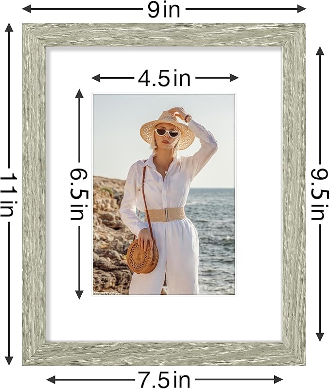 Vittanly 8x10 Picture Frames Set of 9, Shatter Resistant Plexiglass, Display 5x7 Pictures with Mat or 8x10 without Mat, Photo Frames for Wall or Tabletop, Engineered Wood, Driftwood-Ruum Studio Home