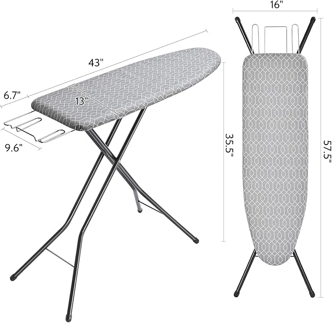 APEXCHASER Full Size Ironing Board with Iron Rest, Lightweight Iron Board with Height Adjustable, Extra Thick Heat-Resistant Cover with Padding, Heavy-Duty Sturdy Metal Legs, 43x13 Grey-Ruum Studio Home