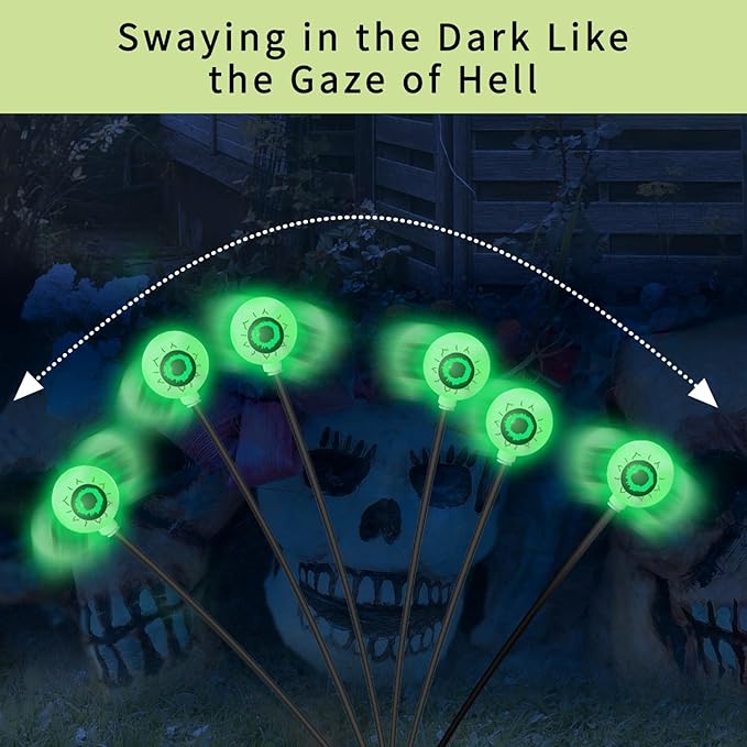 VOTTGO Halloween Solar Lights Outdoor, 2 Pack 12LED Scary Solar Eyeball Pathway Lights, 2 Modes Waterproof Swaying Firefly Light for Garden Yard Pathway Halloween Decorations, Green-Ruum Studio Home