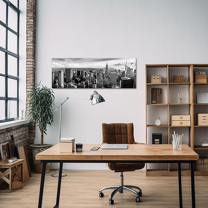 LevvArts New York Canvas Wall Art Black and White City Skyline Picture Panoramic Photo Canvas Print Modern Home Office Living Room Wall Decoration Ready to Hang 20"x55"-Ruum Studio Home