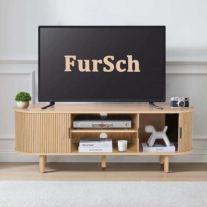 54" Tambour Door TV Stand,Wood Mid Century Modern TV Cabinet for Up to 65“ TV,Curved Edge Long TV Stand with Storage for Bedroom Living Room(Natural, 54inch)-Ruum Studio Home