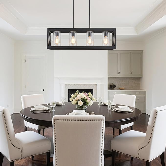 XINGQI Black Kitchen Island Light Fixtures Over Table, 31.5" Rectangular Linear Chandeliers Farmhouse Dining Room Pendant Ceiling 4-Light with Glass Lampshade for Living Room Bar Office-Ruum Studio Home