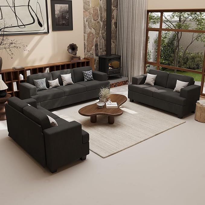 3 Seater Corduroy Couch for Living Room, 89” Black Cloud Sofa, Deep Seat Floor Couch for Bedroom, Futon Modern Sofa Sectional Bed, Black Corduroy-Ruum Studio Home