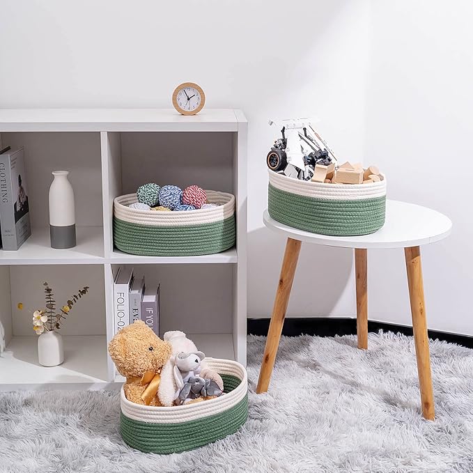 Shelf Storage Baskets for Organizing|Cute Basket for Closet&Blanket Storage|Small Woven Baskets to Store Toys,Books,etc.-13x8.66x5.11’’ Cotton Rope,Stylish,Oval 3 Packs Off White&Green-Ruum Studio Home