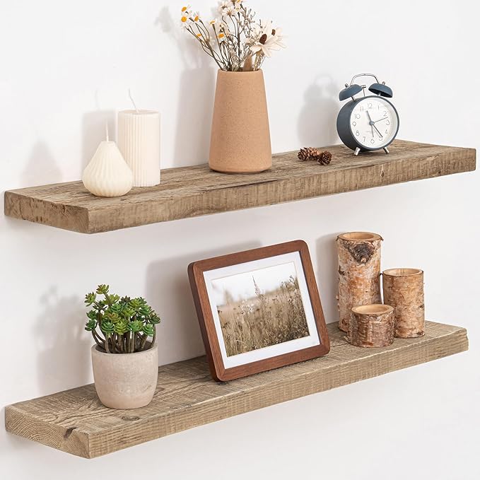 Floating Shelves, 8 Inch Deep Rustic Solid Reclaimed Wood Wall Shelves for Storage, Wall Mounted Display Shelving with Invisible Heavy-Duty Metal Bracket, 30 Inch Width Set of 2, Natural-Ruum Studio Home
