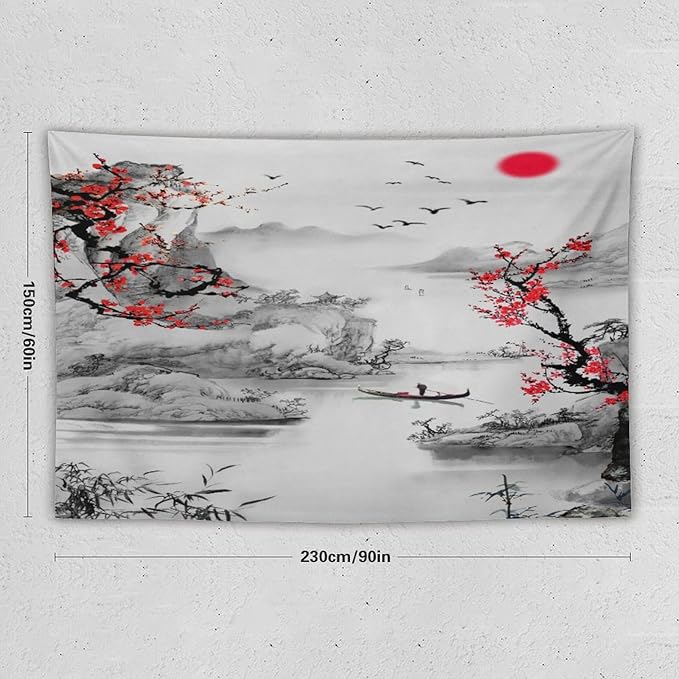 Cherry Blossoms Tapestry, Japanese Red Landscape Watercolor Abstract Art, Asian Japanese Wall Tapestry, Nature Landscape Tapestries for Bedroom Living Room Decor 90"x60"-Ruum Studio Home