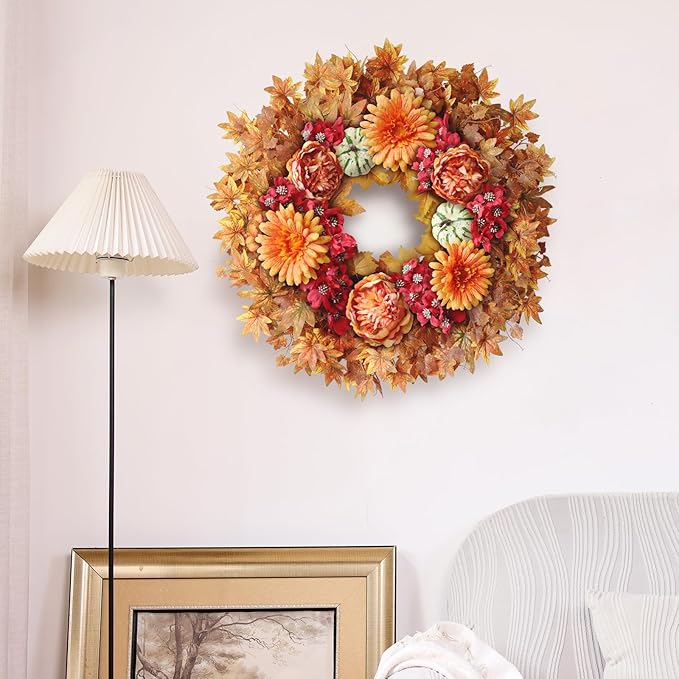 26" Fall Wreath for Front Door - Large Artificial Maple Leaves Fake Silk Peony Faux Pumpkin Outdoor Wreath for Porch, Window,Farmhouse,Home,Thanksgiving Day Harvest Festival Autumn Decor-Ruum Studio Home