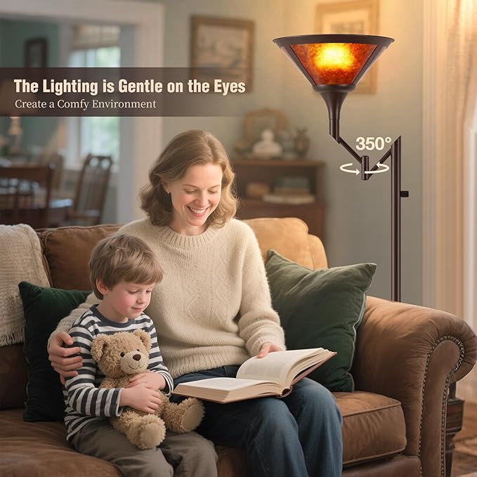 Floor Lamps for Living Room - 70" Brown Torchiere Standing Floor Lamp with Adjustable Swing Arm - Tall Corner Lamp Decor for Bedroom with Mica Shade LED Reading Light for Home Office-Ruum Studio Home