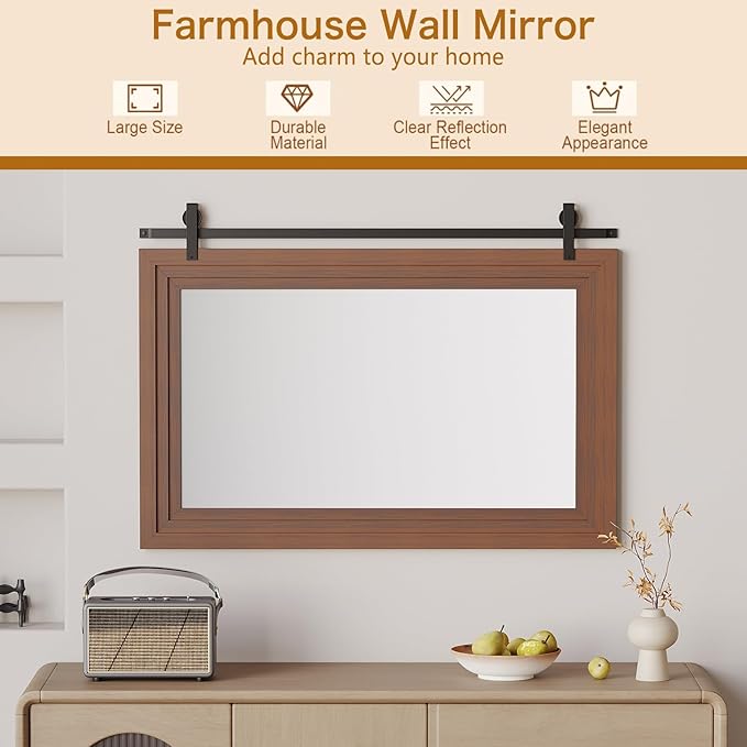 ALBAD Farmhouse Wood Framed Wall Mirror, Natural Wood and Framed Wall Mounted Bathroom Vanity Mirror for Farmhouse Decor, Vertical or Horizontal Hanging-Ruum Studio Home