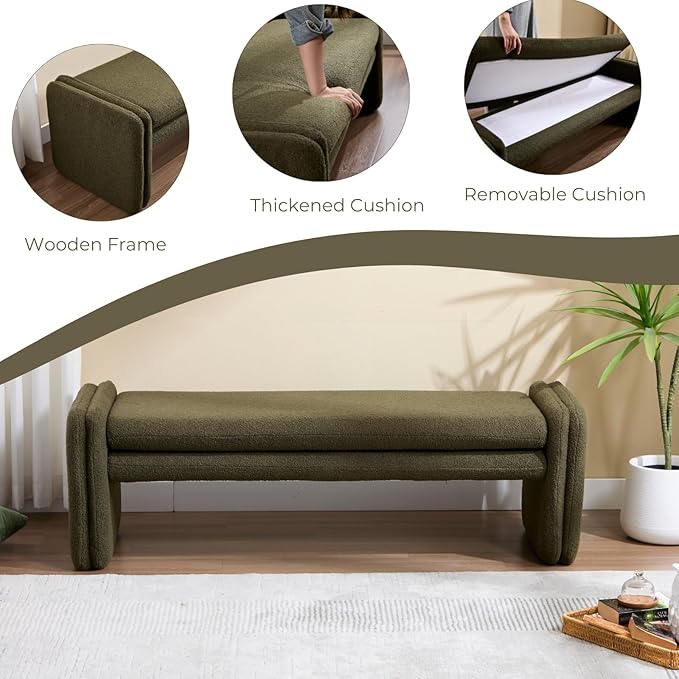 Green Boucle Bench 50" Sherpa End of Bed Bench Modern Upholstered Bench for Bedroom Entryway Living Room Vanity Makeup Room, Teddy Fabric Bench with Seating-Ruum Studio Home