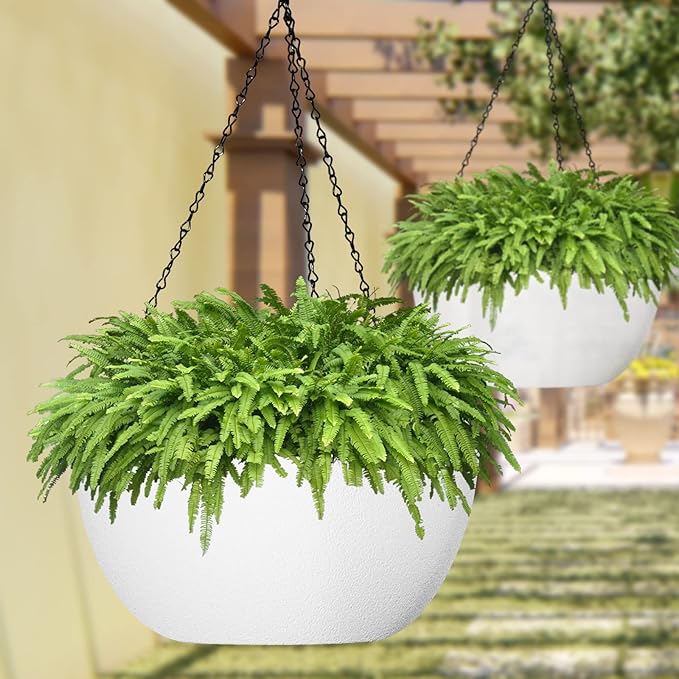 WOUSIWER 13 inch 2Pack Large Hanging Planters for Outdoor Indoor Plants with Drainage Holes and Chain, Round Hanging Flower Pots for Garden Home Porch Decor, White-Ruum Studio Home