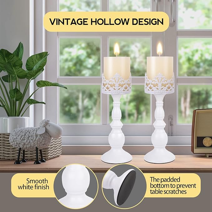 Candle Holders for Pillar Candles Gothic Matte Black Vintage Tall Candle Holders Set of 2 Decorative Large Table Centerpieces Candle Stand Decor (White 2PCS A)-Ruum Studio Home